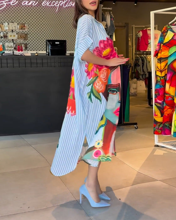 Verticale gestreepte blouse met reverssplit en karakterprint