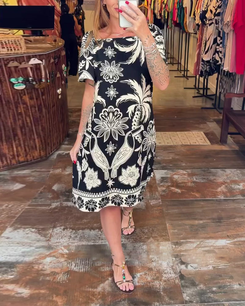 Jurk Brede Kraag Rechte Halslijn Bedrukt