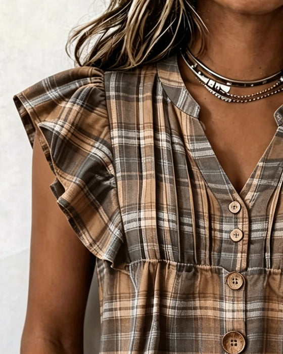 Blouse Bruin Gingham Flutter Mouw