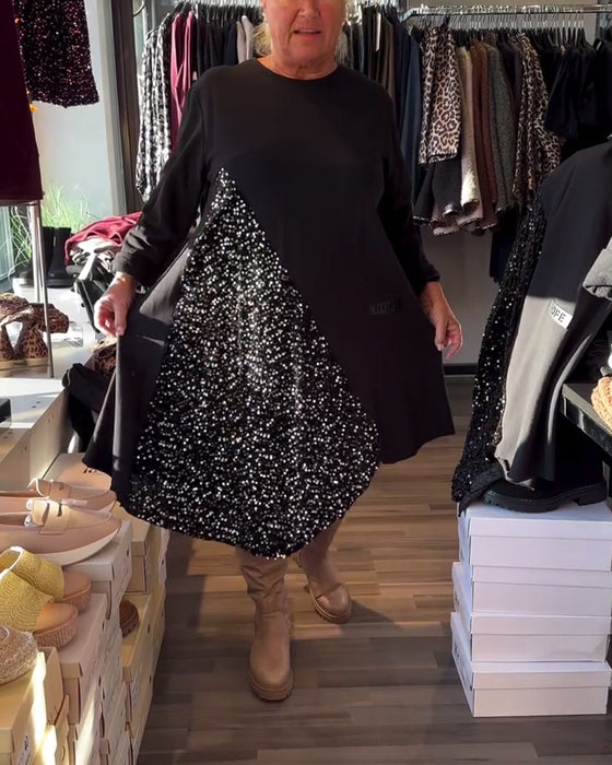 Jurk Glitter Panel Ronde Hals