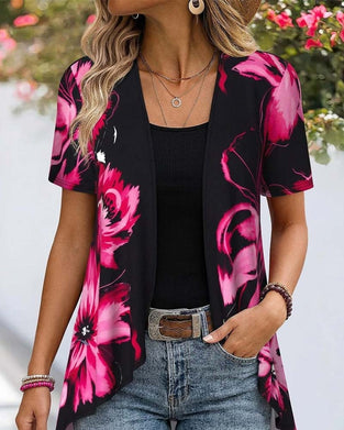Blouse Zwarte Basis Roze Rood Bloemen