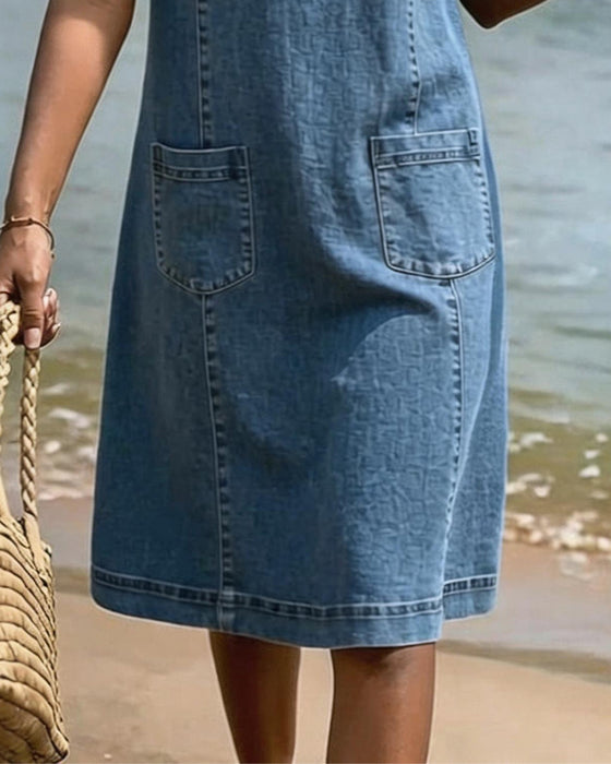 Jurk Denim Petite V-Hals Mouwloos