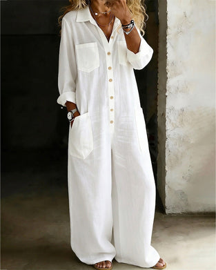 Jumpsuit 100% Katoen Omslagkraag Casual Wijd Pijp