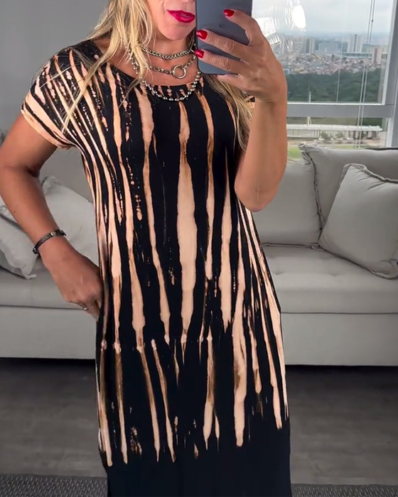 Jurk casual korte mouwen split ronde hals bedrukt