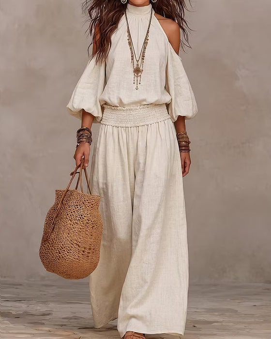 Set Off-Shoulder Lange Mouw Gerimpelde Broek