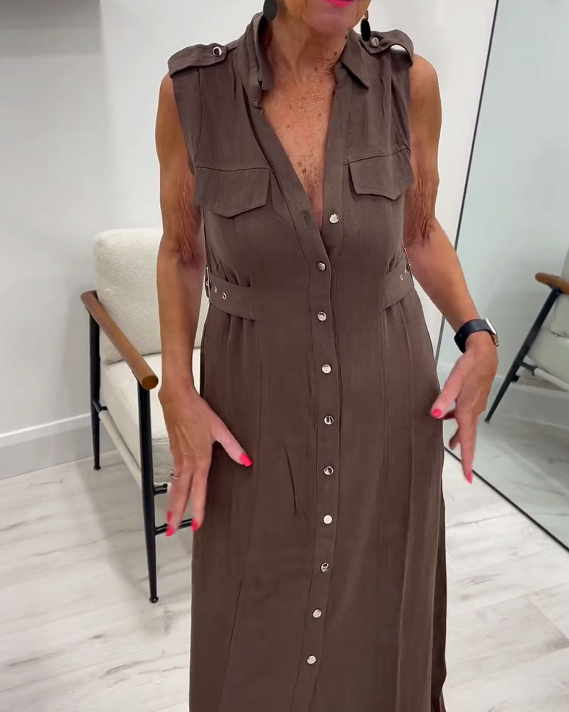 Jurk Mouwloos Met Knopen Getailleerd Overhemd
