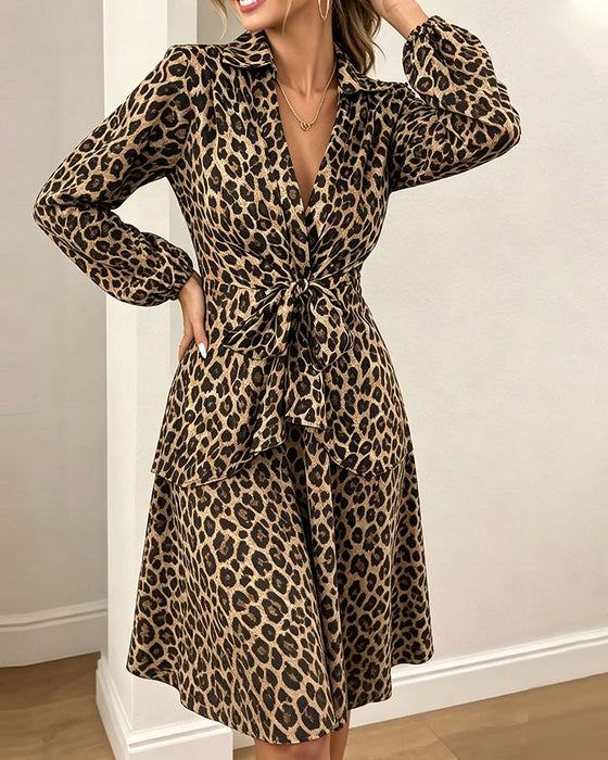 Jurk Luipaardprint Revers Taille Riem Overhemd