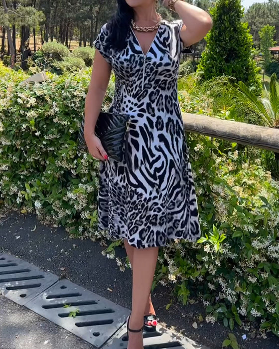 Jurk V-Hals Ritssluiting Luipaardprint