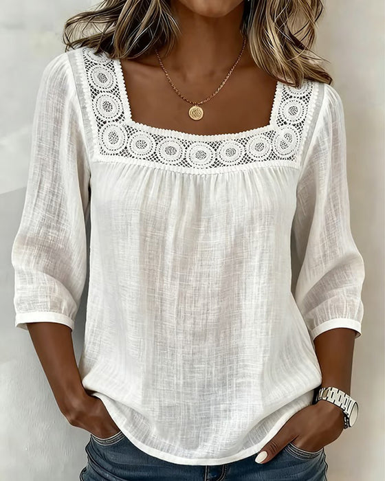 Blouse Vierkante Hals Kant Patchwork