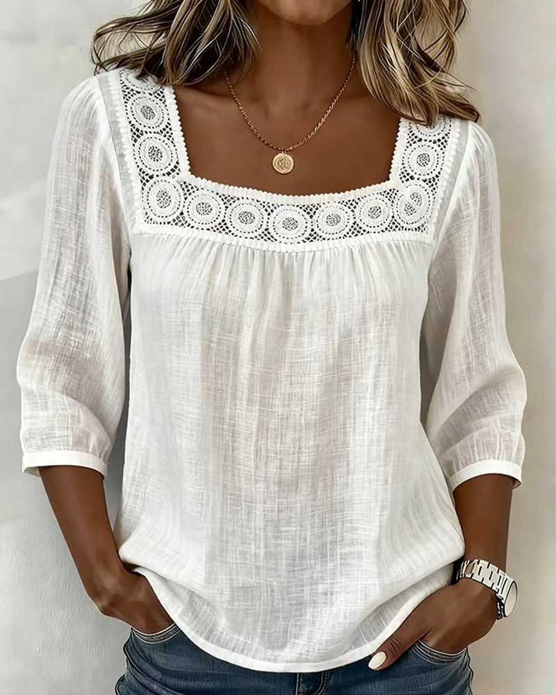 Blouse Vierkante Hals Kant Patchwork