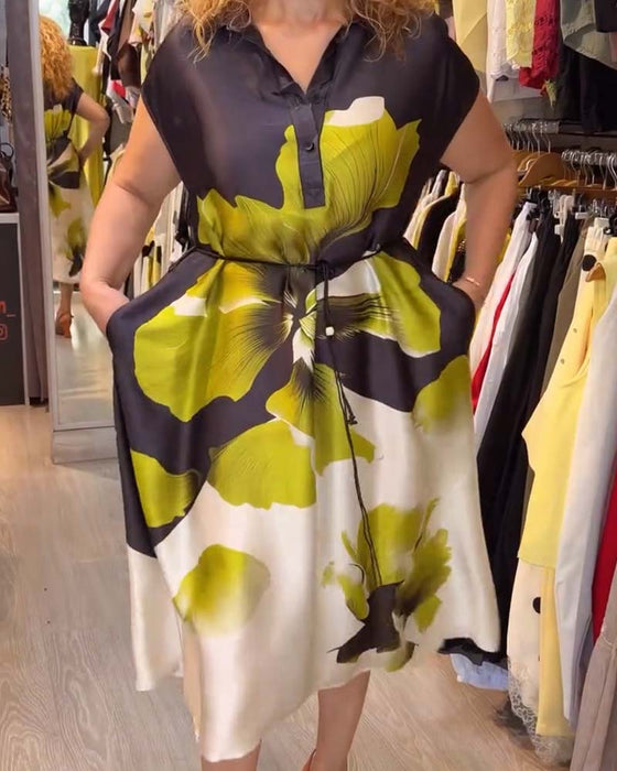 Jurk Knoopsgat V-Hals Bloemen Los