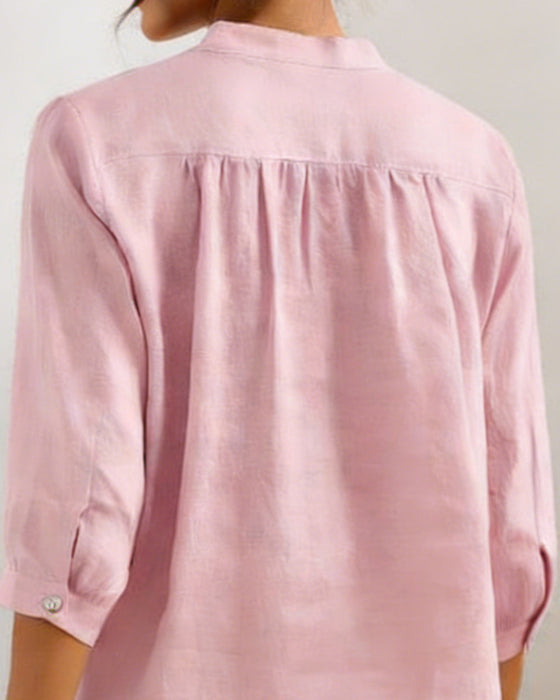 Blouse Casual Katoen Effen Kleur V-hals