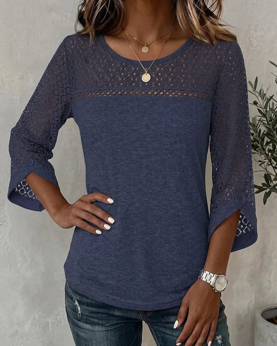 T-Shirt Hollow Out Lange Mouw Patchwork