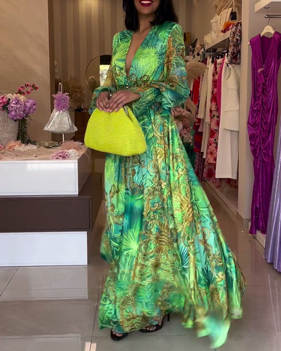 Hoogwaardige jurk met diepe V-taille en print