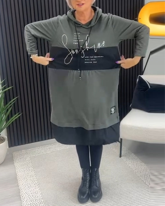 Casual hooded dress met color block letter print en pocket