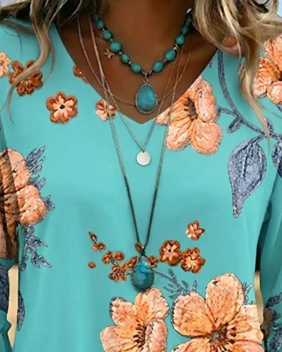 Blouse V-Hals Vintage Bloemen Loose Fit