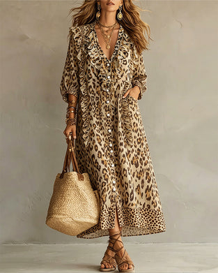 Jurk Luipaardprint Gerimpelde Zoom Maxi