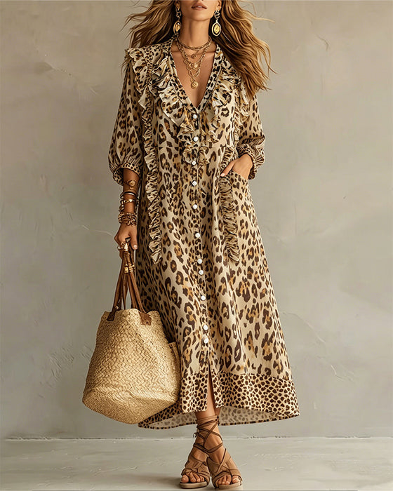 Jurk Luipaardprint Gerimpelde Zoom Maxi