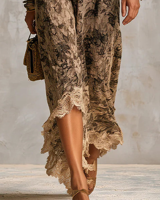 Jurk V-Hals Kant Patchwork Asymmetrisch