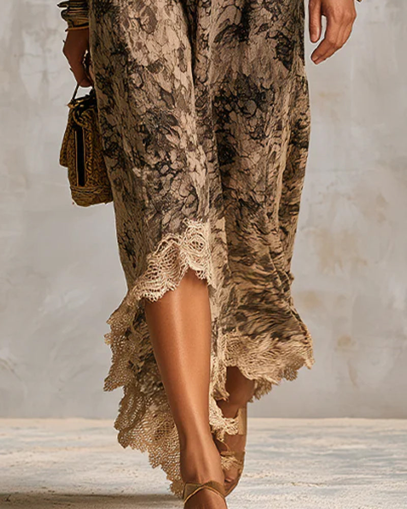 Jurk V-Hals Kant Patchwork Asymmetrisch