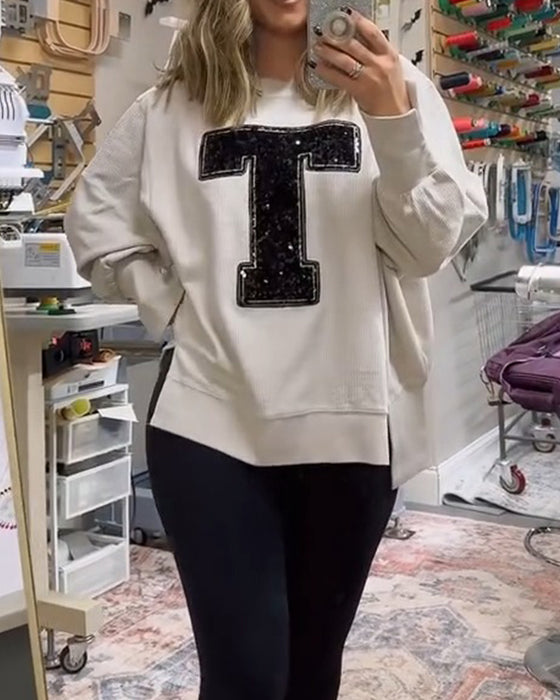 Sweatshirt T-Design Pailletten Geborduurd Ronde Hals