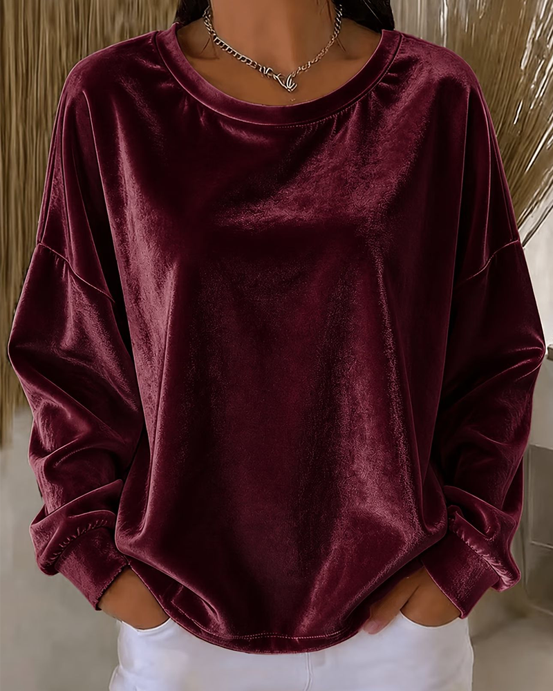 Blouse Ronde Hals Drop Schouder Relaxed Lange Mouw