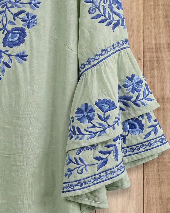 Blouse V-Hals Twee-Niveau Ruffle Klokmouw