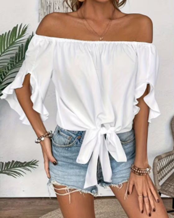 Blouse Off-Shoulder Strik Uitlopende Mouw