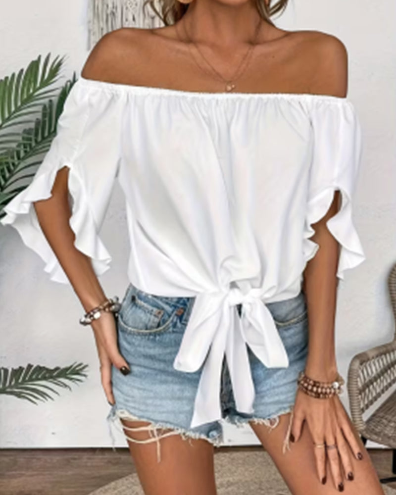 Blouse Off-Shoulder Strik Uitlopende Mouw