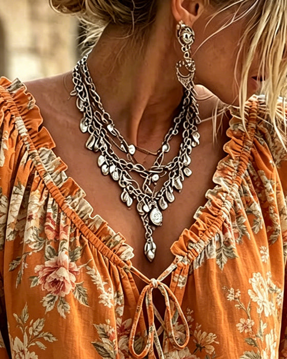 Blouse Bloemig V-Hals Strik Pofmouw
