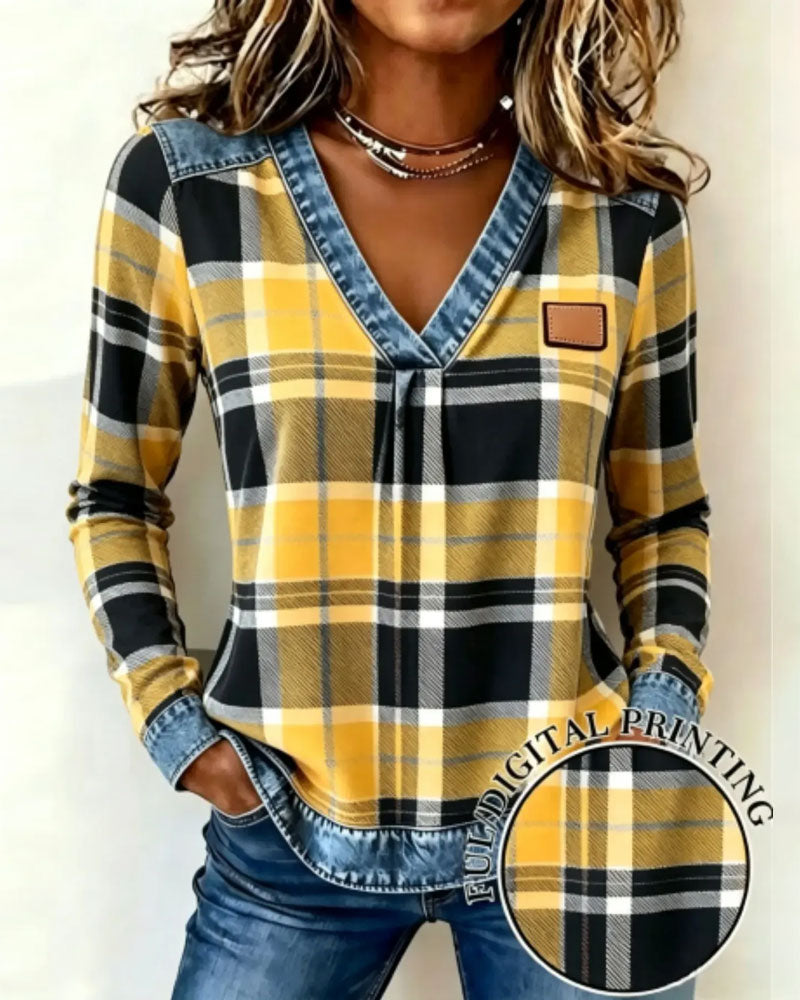 Top V-Hals Geruit Denim Patchwork