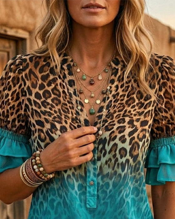 Luipaardprint V-Hals Verloop Ruche Blouse