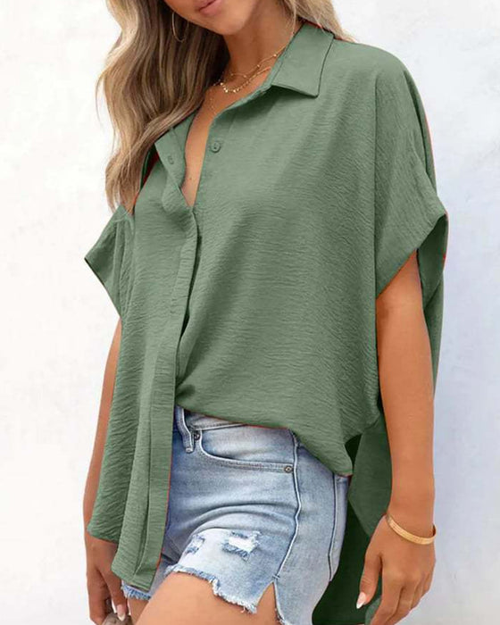 Overhemd Korte Mouw Effen Kleur Casual Loose Fit