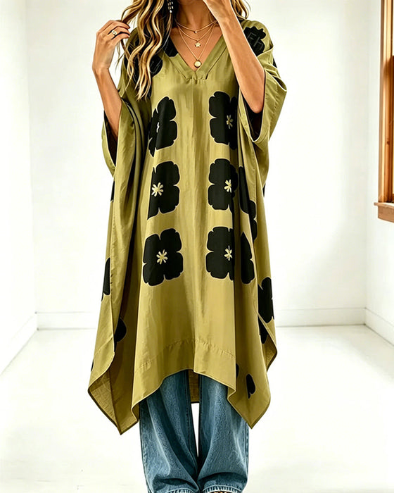 Jurk Print V-Hals Vleermuismouw Loose Fit