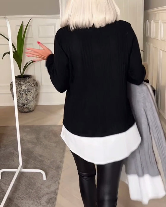 Casual revers nep tweedelige top met patchwork en lange mouw