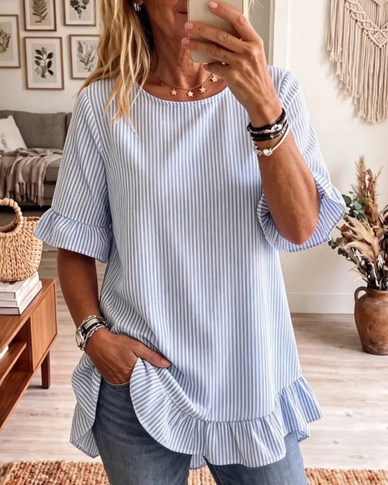 T-Shirts Streep Ronde Hals Ruche