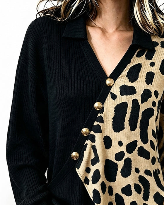 Pullover Luipaard Patchwork Asymmetrische Sluiting Kleurblok