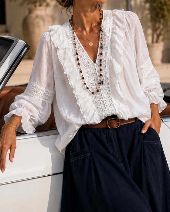 Blouse V-Hals Effen Kleur Kant