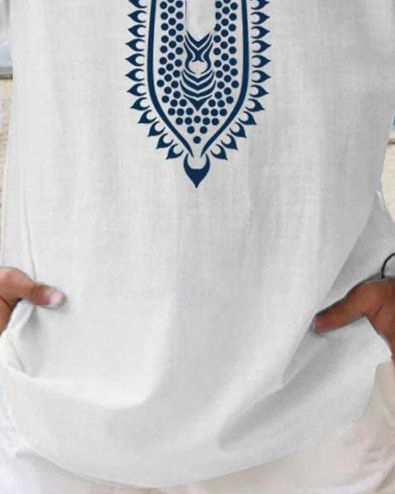Overhemden Etnisch Blauw Print Mandarin Kraag