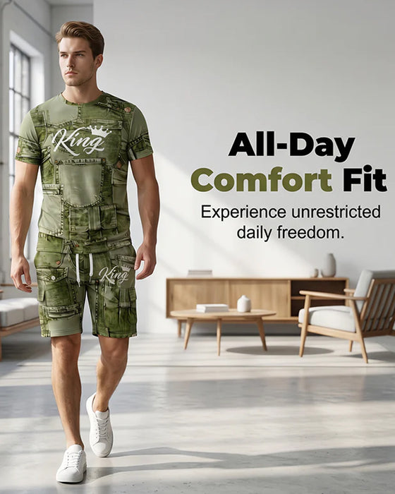 Herenset Met Rondhals Monogram-T-Shirt En Trekkoord-Shorts