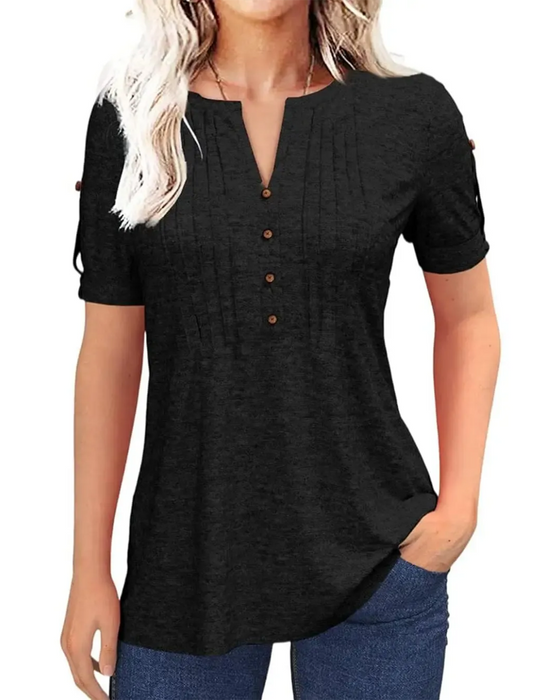T-Shirt Geplooid Henley Korte Mouw