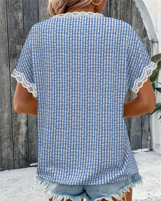 Blouse Ronde Hals Kant Patchwork Gestreept