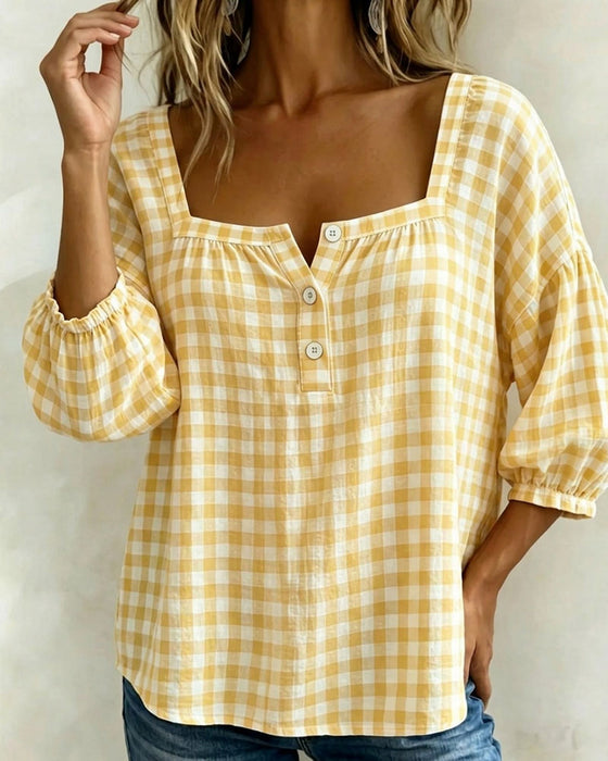 Blouse Vierkante Hals Knoopsluiting Ruit