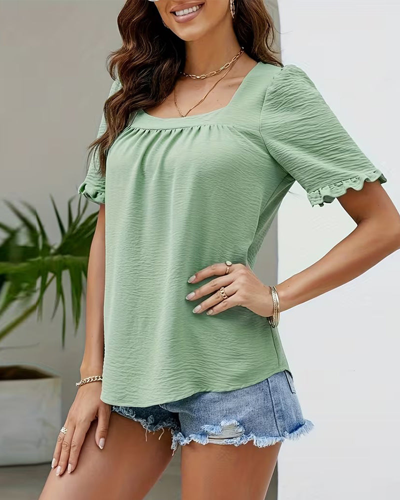 Blouse Vierkante Hals Geruwd Mouw