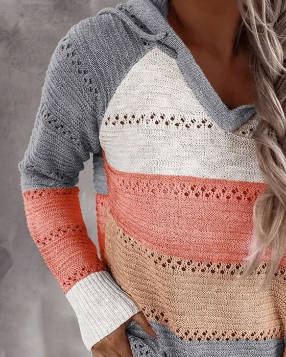 Pullover Kleurblok Uitsnede Met Capuchon Gebreid