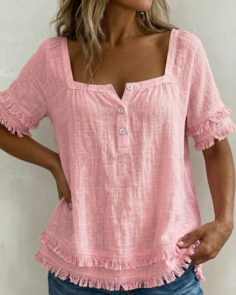 Blouse Vierkante Hals Halfsluiting Franje