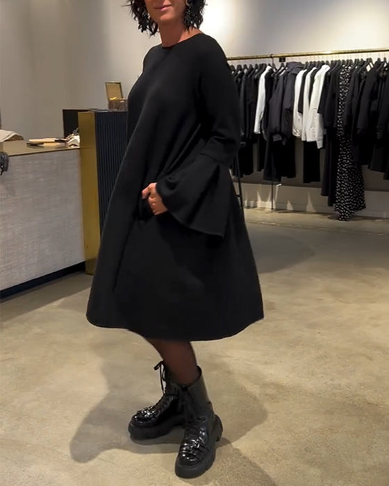 Jurk Effen Wijd Uitlopende Mouw Gerimpeld