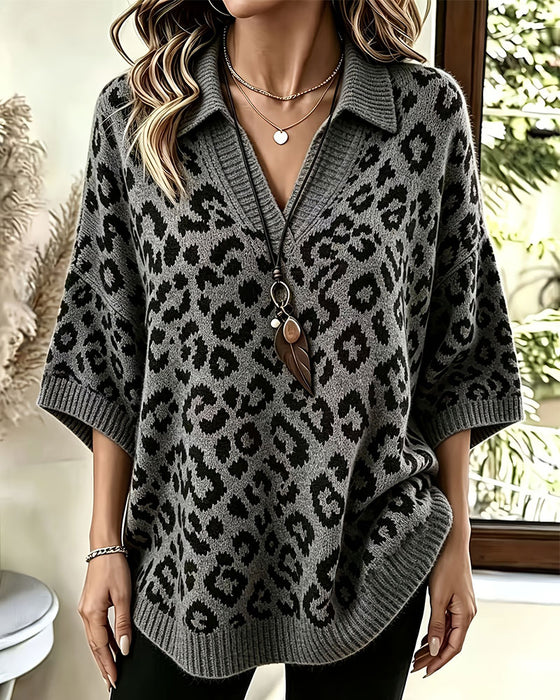 Pullover Met Kraag V-Hals Luipaardprint Half Mouw Trui