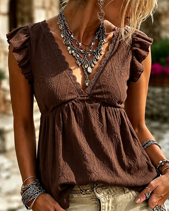 Blouse V-Hals Fladder Mouw Kant Rand