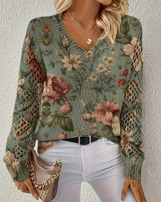Pullover Jacquard V-Hals Hollow Lange Mouwen